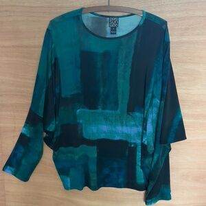 Clara Sun Woo Top Size L Blue Green Black Batwing Stretch Jersey Knit USA